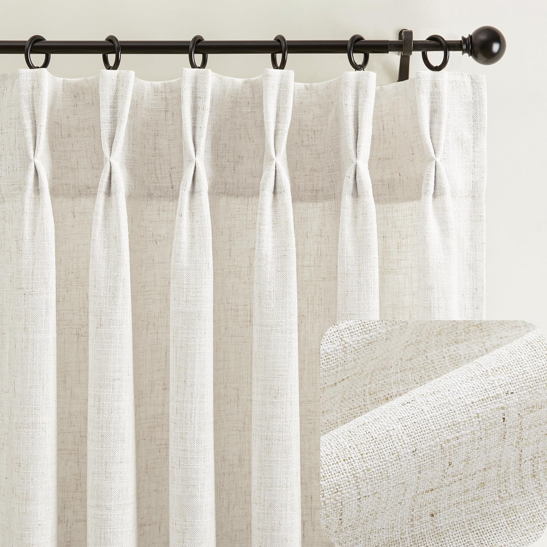 Photo 1 of Linen Curtains 106 inch Length Custom Trained Pinch Pleat Curtains Light Filtering Linen Blend Drapes for Living Room Memory Shape Pleated with Hooks for Track System Back Tab Hanging 2 Panels Set