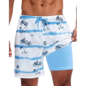 TODWARM Men’s Swim Trunks with Compression Liner, 7" Board Shorts for Men | 2 In 1 stretch lining, Quick Dry, Zipper Pockets,