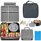 Bento Lunch Box with 8oz Soup Thermo,Kids Leakproof 4 Compartment Lunch Food Containers with Sauce Cup and Ice Pack,Kids Thermo Insulated Hot Food Jar and Lunch Bag for School,Trvael-Black