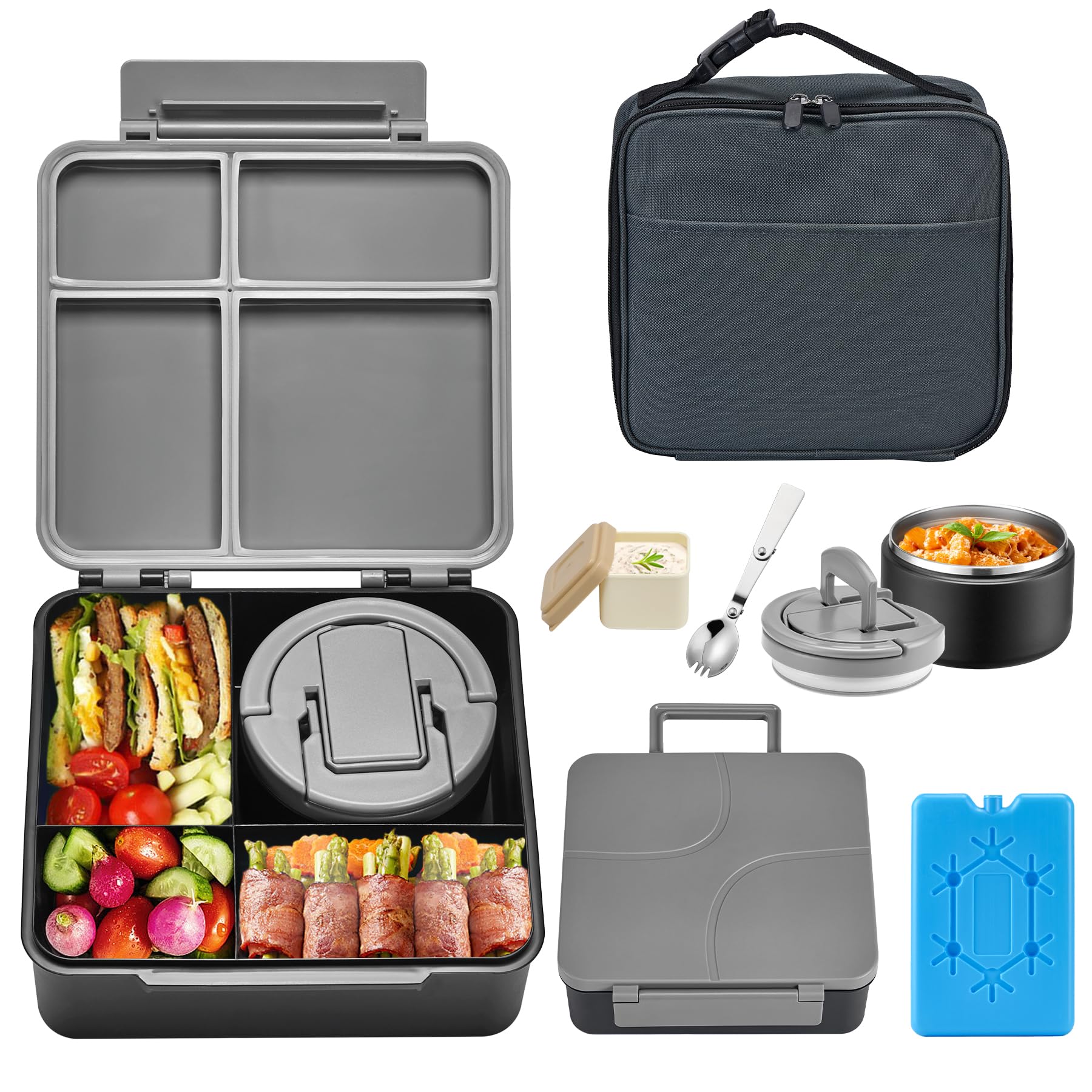 Photo 1 of Bento Lunch Box with 8oz Soup Thermo,Kids Leakproof 4 Compartment Lunch Food Containers with Sauce Cup and Ice Pack,Kids Thermo Insulated Hot Food Jar and Lunch Bag for School,Trvael-Black