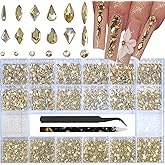 HNUIX Nail Rhinestones - 3D Multiple Shape Size Gems, Champagne Gold, Manicure beads, Pearls, Flatback Crystals Rhinestones, with Kit, for Nail Art Decor