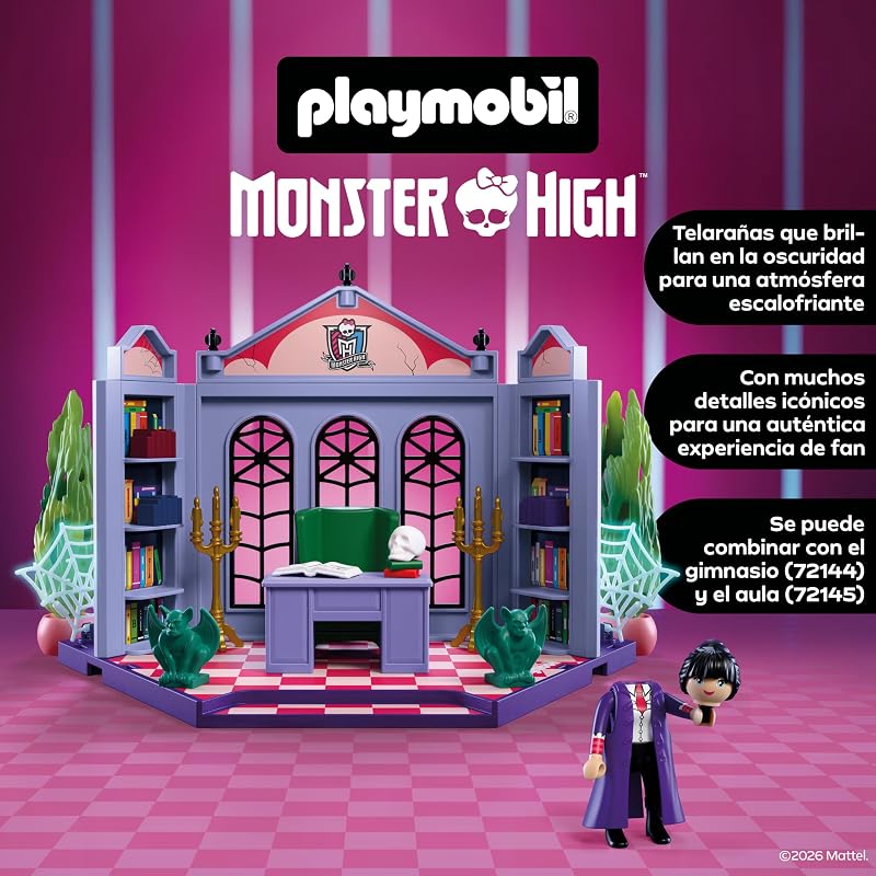 | Monster High™ | Despacho de Bloodgood | Set de Oficina con directora sin Cabeza, Escritorio, Reliquias y Telas de araña fosforescentes | para Fans a Partir de 5 años | 72143