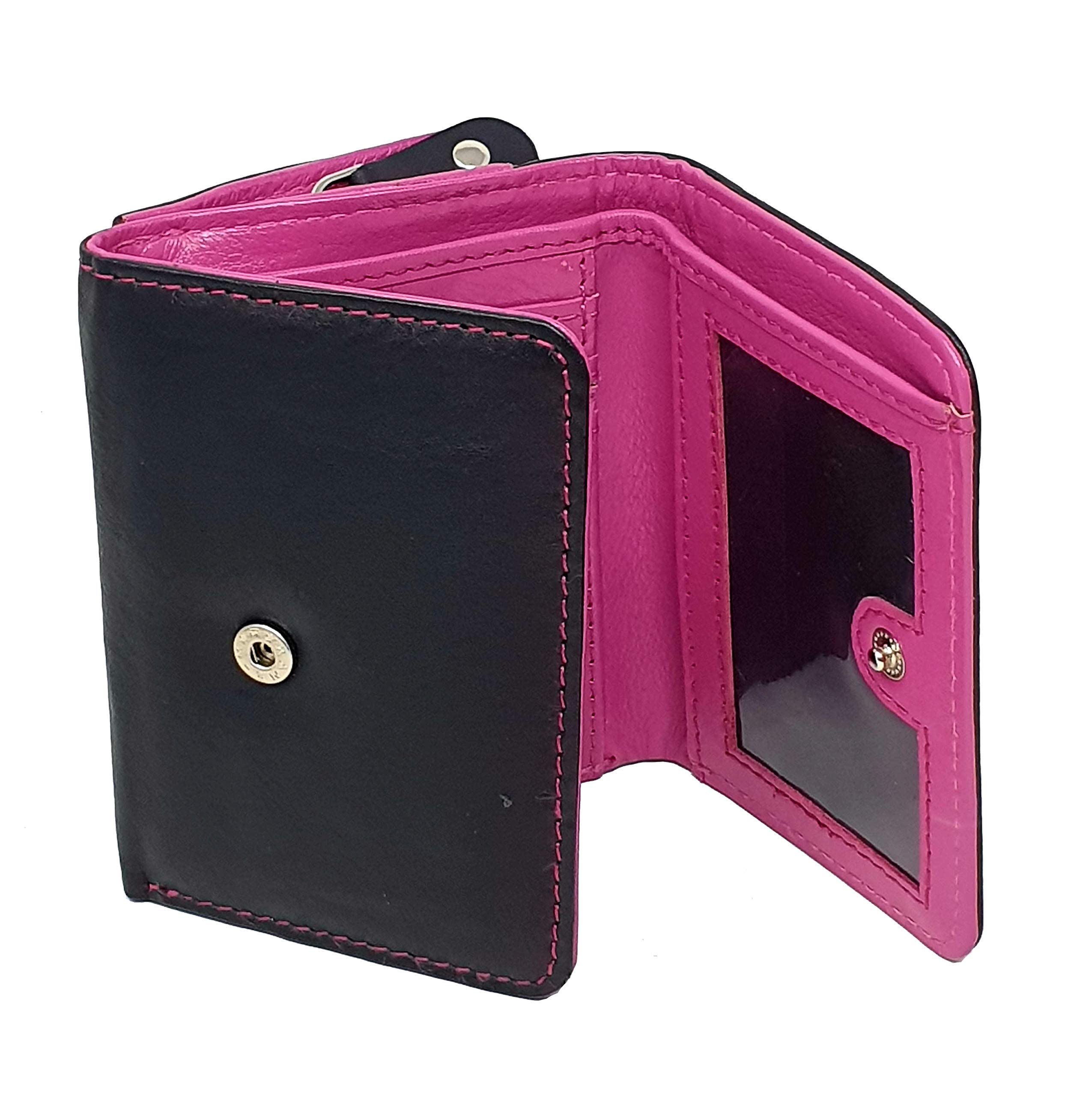 STARHIDE Ladies Small Purse, Women RFID Blocking Compact Genuine Leather Wallet with Zip Around Coin Pocket, Gift Boxed 5555 (Black Fuchsia)