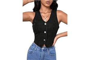 GORGLITTER Women's Button Down Jean Tops Sleeveless V Neck Denim Waistcoat Vests Western Country Outfit