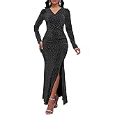 IWFEV Women's V Neck Sparkly Sequin Long Sleeve Bodycon Evening Gown Slit Maxi Dress
