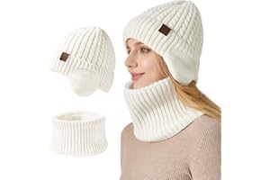 ULSTAR Winter Earflap Hat and Scarf for Women and Men, Warm Fleece-Lined Knit Hat and Neck Warmer Set Knitted Skull Cap