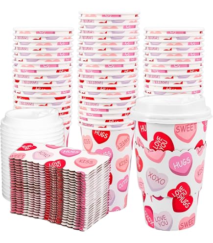 Amazon.com: FYSUIMU 50Pcs 16Oz Valentin' s Day Disposable Coffee Cups with  Lids Sleeves Straws Red Heart Paper Drinking Cup for Wedding Anniversary  Mother' s Day Party Supplies : Health & Household