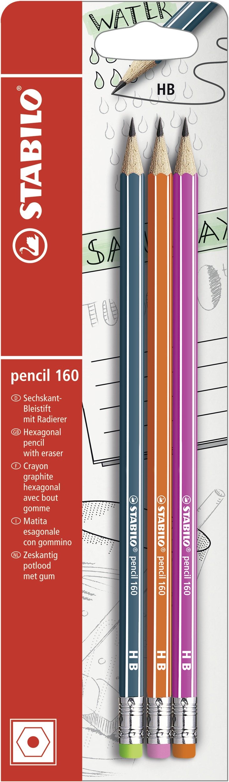Graphite Pencil with Eraser - STABILO pencil 160 - My STABILO Journal - Pack of 3 - petrol, orange, pink - HB