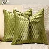 DEZENE 18x18 Moss Green Throw Pillow Cases: 2 Pack Original Striped Velvet Square Decorative Pillow Covers for Farmhouse Couch