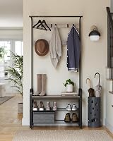 VASAGLE Coat Rack 4-in-1 with Shoe Bench and 9 Removable Hooks Greige Black view 9