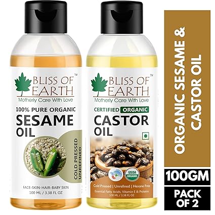 Bliss Of Earth Organic Castor Oil, 100ml and Sesame Oil, 100ml