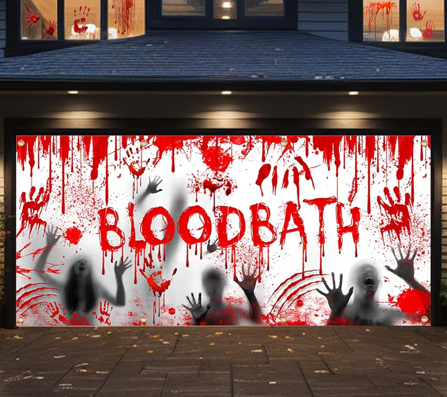 Garage Door Decorations - 2023 Scary Halloween Garage Door Decorations: Horror Style Banner Cover with Grommets，Bloody Backdrop,Handprints,Perfect for Halloween Party Decorations and Garage Door Decor，6 x 14ft