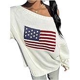 SweatyRocks Women's Oversized Off The Shoulder Sweater Flag Pattern Pullover Crewneck Sweaters Fall Winter Trendy