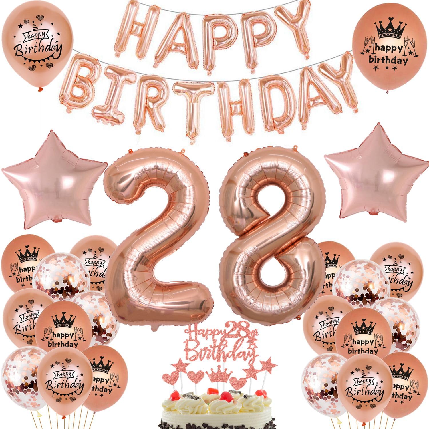 Haosell 28th Birthday Decoration Rose Gold Set Girls, Birthday Decoration Rose Gold Girl 28 Years 28th Birthday Decoration Rose Gold for Girls Foil Balloon Number 28 Balloons Number 28 Rose Gold