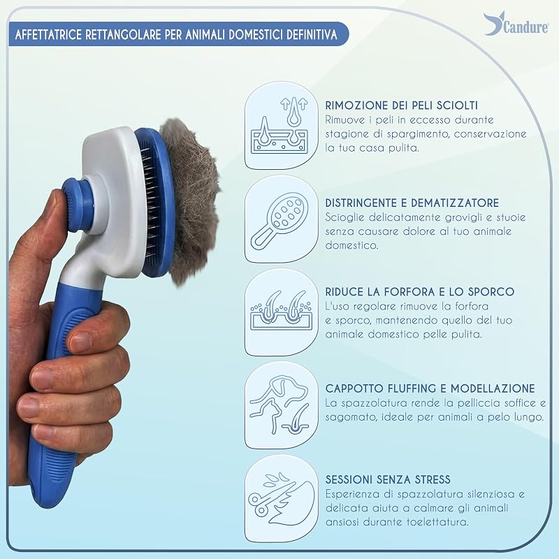 Spazzola Autopulente per Cani e Gatti, Spazzola Professionale per Pelo Lungo e Corto, Setole in Acciaio Inox, Rimuove Nodi, Sottopelo e Pelo Morto, Accessori Toelettatura (Azzurro Cielo)