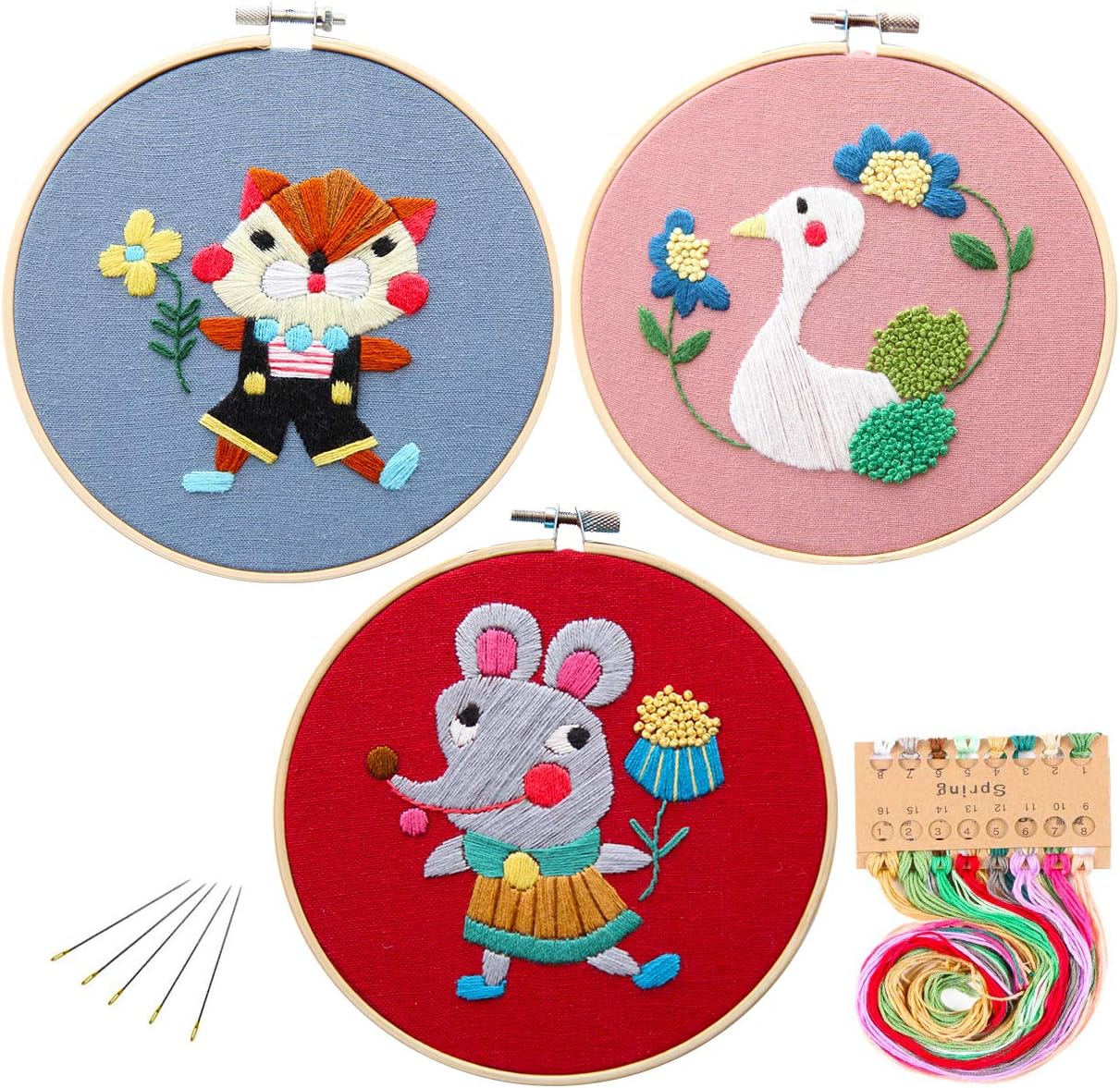 Kakeah 3 Pack Full Range of Stamped Embroidery Starter Kit with Pattern and Instructions, Including Embroidery Cloth with Pattern,Bamboo Embroidery Kits (Swan cat Mouse)