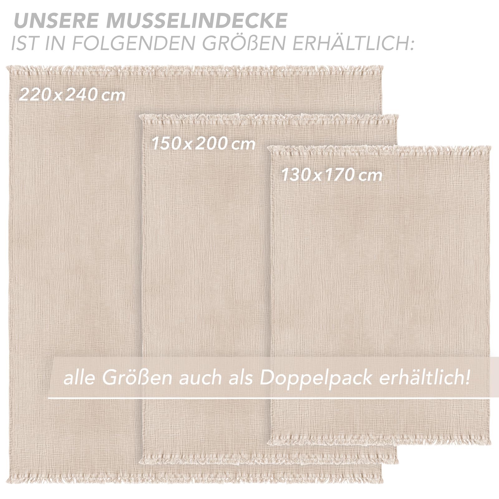 Pure Label Musselin Decke 220x240cm - Oeko-Tex zertifizierte Tagesdecke aus 100% Baumwolle | Musselin Wohn- & Kuscheldecke für Couch und Sofa in XXL | 220 x 240 cm, Farbe der Decke Beige 7