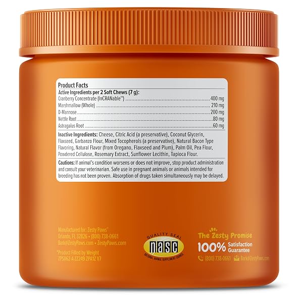 ZESTY PAWS CRANBERRY SUPPLEMENT FOR DOGS – BLADDER CONTROL FOR DOGS – URINARY TRACT SUPPORT – CRANBERRY CHEWS WITH D-MANNOSE, VITAMIN B6 & L-ARGININE – IMMUNE & GUT SUPPORT – BACON – 90 COUNT