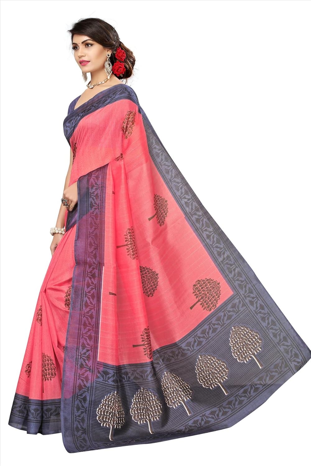 fabwomen women's cotton silk saree with blouse piece, free size (pink)