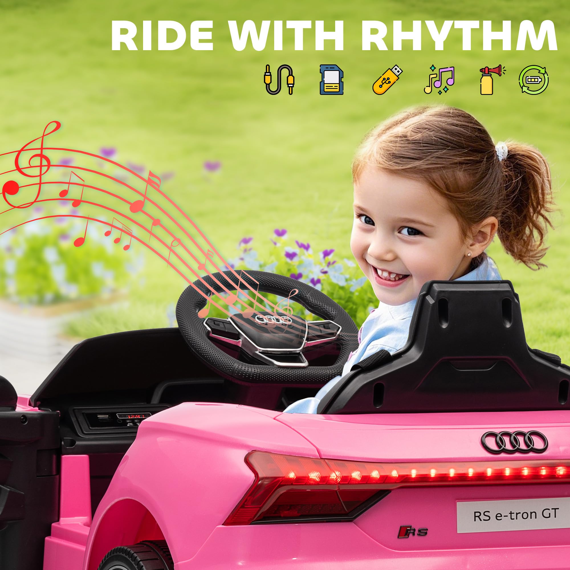 Aosom Electric Car for Kids, 12V Licensed Audi RS E-tron GT 3.1 MPH Kids Ride on Car, Ride-on Toy with Remote Control, 4 Suspension Wheels, Horn, Music, Lights, for Boys and Girls, Pink