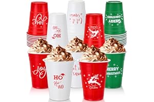 Domensi 50 Pcs Christmas Disposable Plastic Cups Bulk 16 oz Red Green White Merry Xmas Disposable Drinking Cups for Beverage Beer Coffee Holiday Party Supplies Decorative
