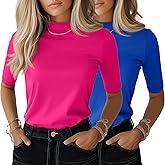 Ficerd 2 Pack Women's Mock Turtleneck T Shirts, Half Sleeve Business Casual Tunic Tops Slim Fit Summer Basic Dressy Tee Shirt