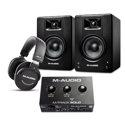 M-AUDIO BX4 Pair Studio Monitors Bundle with Single XLR Audio Interface and Headphones for Studio Recording, Music Production, Podcasting, Streaming