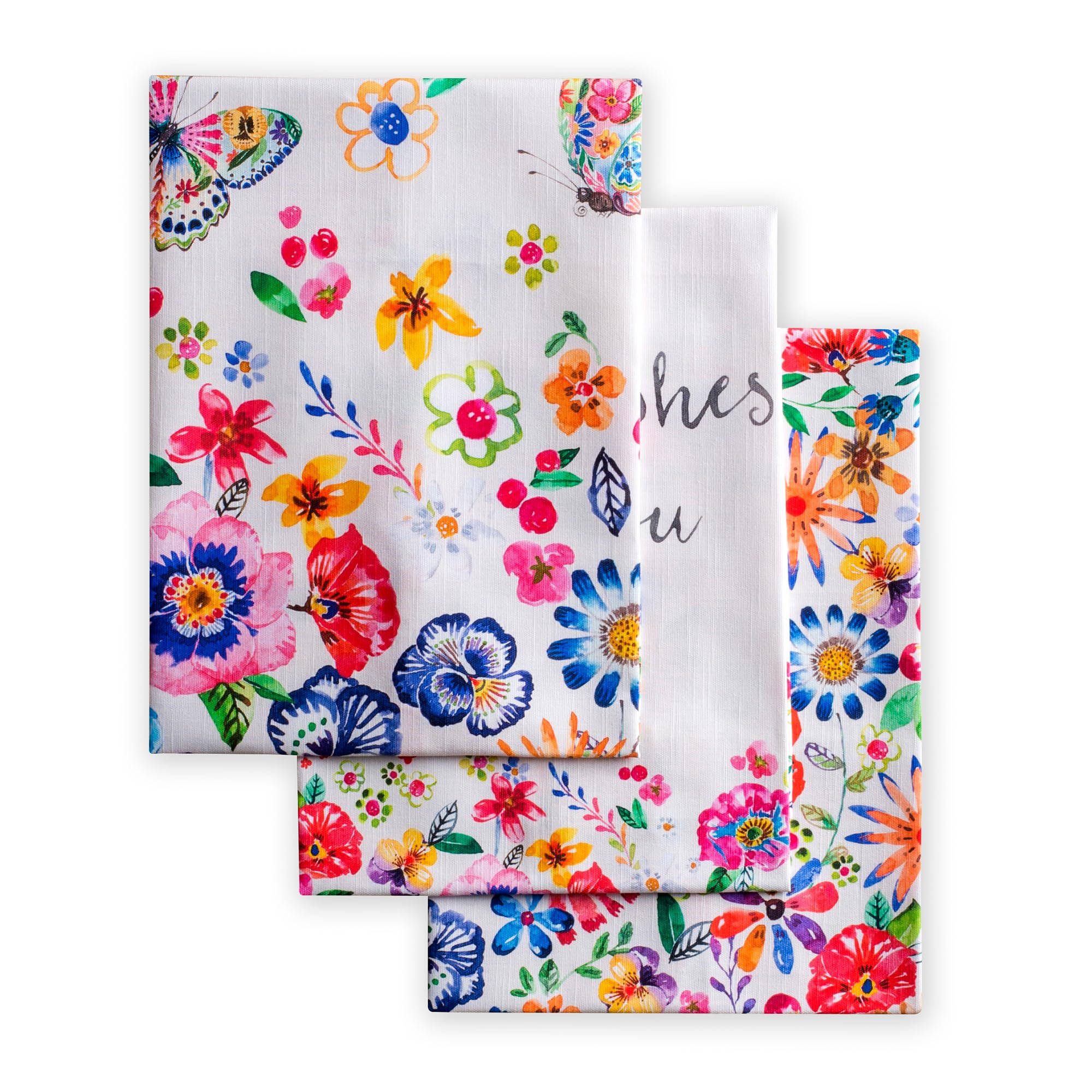 Maison d'Hermine Happy Florals- 1 High Summer 100% Cotton Set of 3 Multi-Purpose Kitchen Towels Soft Absorbent Tea Towels Bar Towels Spring/Summer (50 cm x 70 cm)