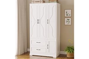 LIKIMIO Armoire Wardrobe Closet with 4 Doors and Drawers, Wardrobe Cabinet with Storage Shelves and Side Hooks, Clothing Storage Cabinet for Bedroom, White