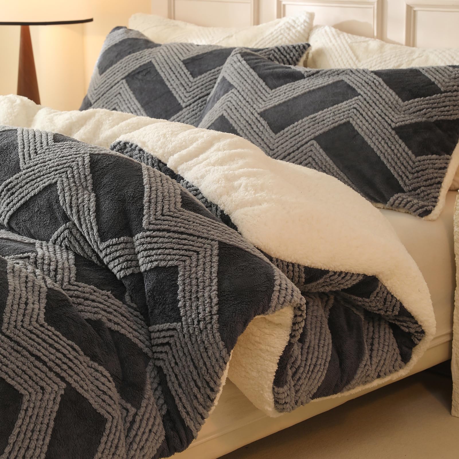 Photo 1 of tohrisa Tufted Boho Comforter Set Queen - Grey Fluffy Sherpa Bedding Set, Soft Fuzzy Jacquard Quilt Set, 3 Pieces Cozy Bed Set Warm Comforter for Winter(90"X90")