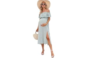 FUNJULY Maternity Dress Women's Off Shoulder Split A Line Casual Maxi Dress Photography Dress for Babyshower