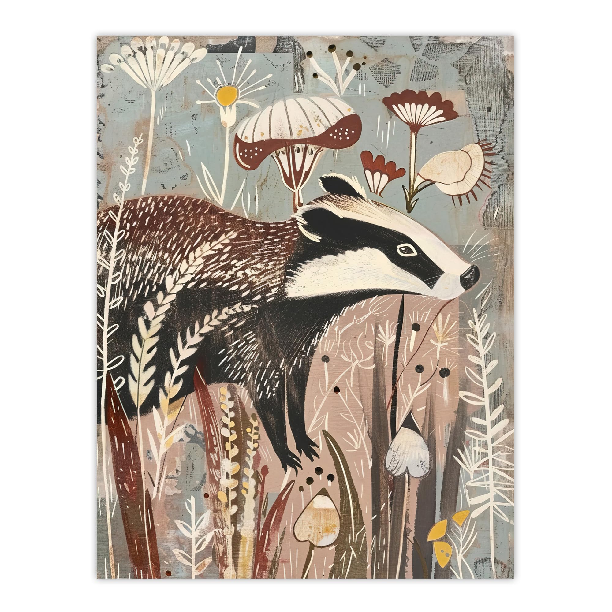 Artery8 Rustic Woodland Badger Artwork Forest Wildflowers Living Room Extra Large XL Wall Art Poster Print