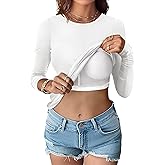 ANRABESS Women Long Sleeve Shirts Built-in Bra Crewneck Rib Knit Slim Fit Basic Tee Tops 2025 Fall Casual T-Shirt Base Layer