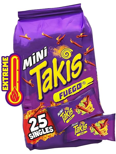 TAKIS FUEGO MINI 25 PC / 1.23 OZ BITE SIZE MULTIPACK, HOT CHILI PEPPER & LIME FLAVORED EXTREME SPICY ROLLED TORTILLA CHIPS