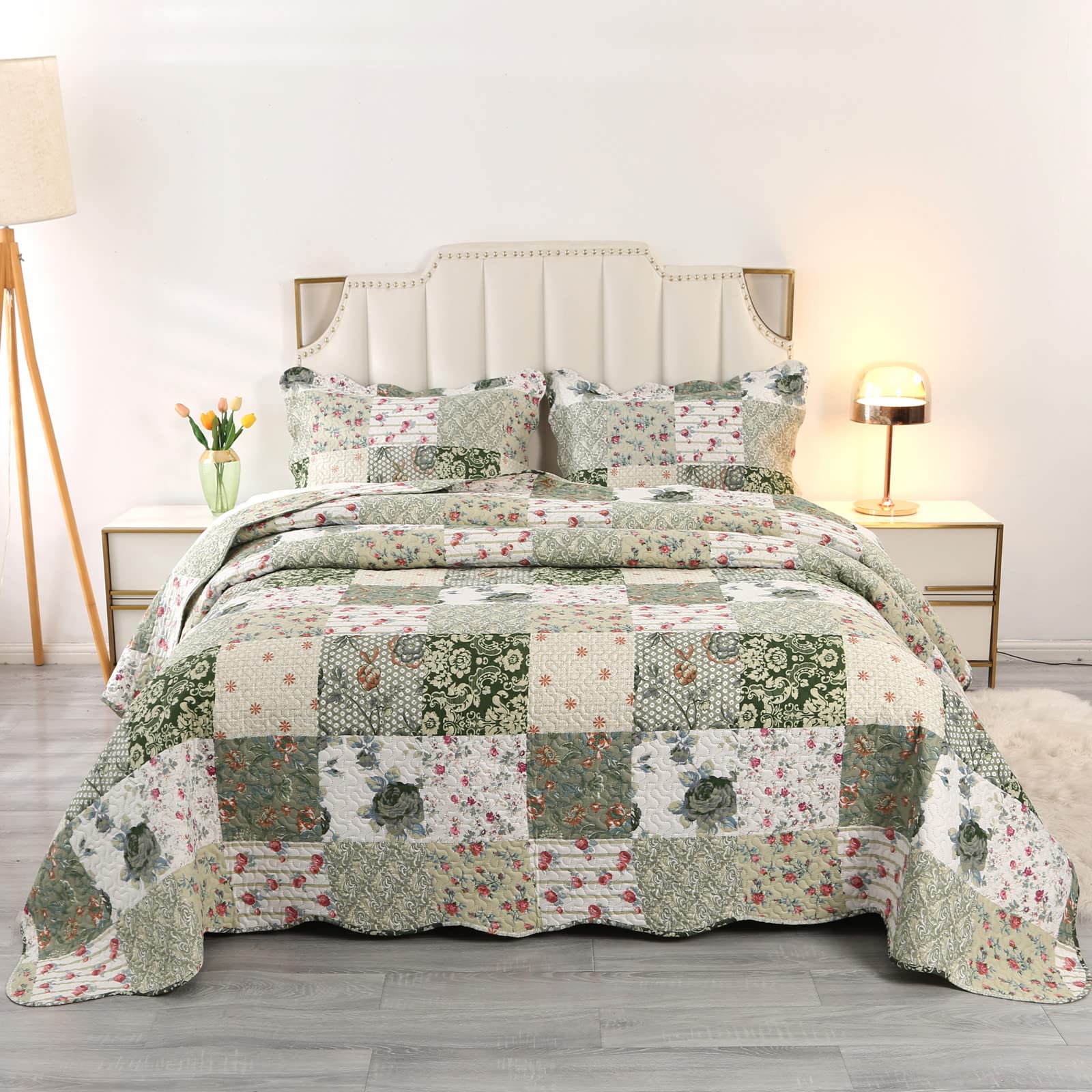 Qucover 3-Piece Double Bedspread Set, American Style Green Patchwork Quilted Bedspreads 220x230cm, Light Breathable Polyester Ultrasonic Quilting Coverlet Set with 2 Pillow Shams