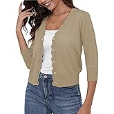 SNOVTRS Women's Cropped Cardigans 3/4 Sleeve Button Down Lightweight Cardigan Sweaters Scalloped Edged Bolero Shrugs