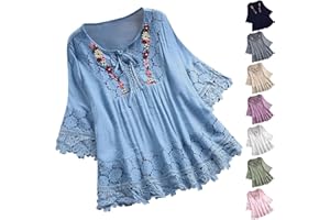 QotLoyi 3/4 Sleeve Tops for Women Lace Crochet Flowy Shirt Loose Floral Shirts Vintage Casual Dressy Blouses Front Knot Tops