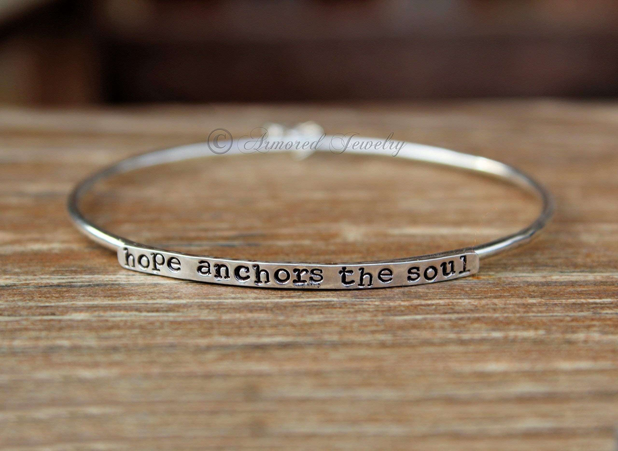 Sterling Silver Personalized Bangle Bracelet - Armored Stackers Bangle bracelet - hope anchors the soul - Sterling Silver Customized Bangle Bracelet - Custom Name