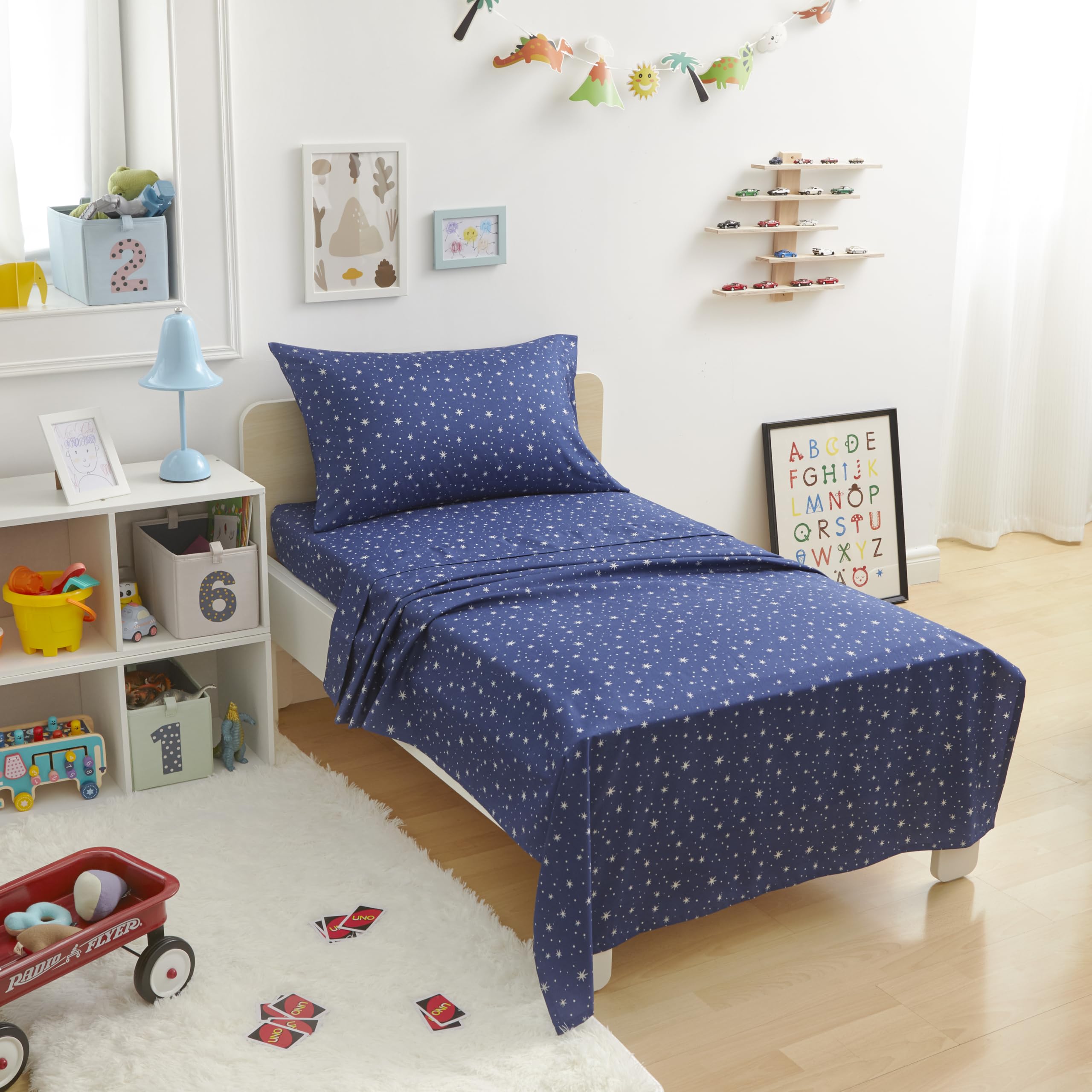 Photo 1 of Amazon Basics Kid's Soft Easy-Wash Lightweight Microfiber 3-Piece Sheet Set, Toddler, Navy Galaxy