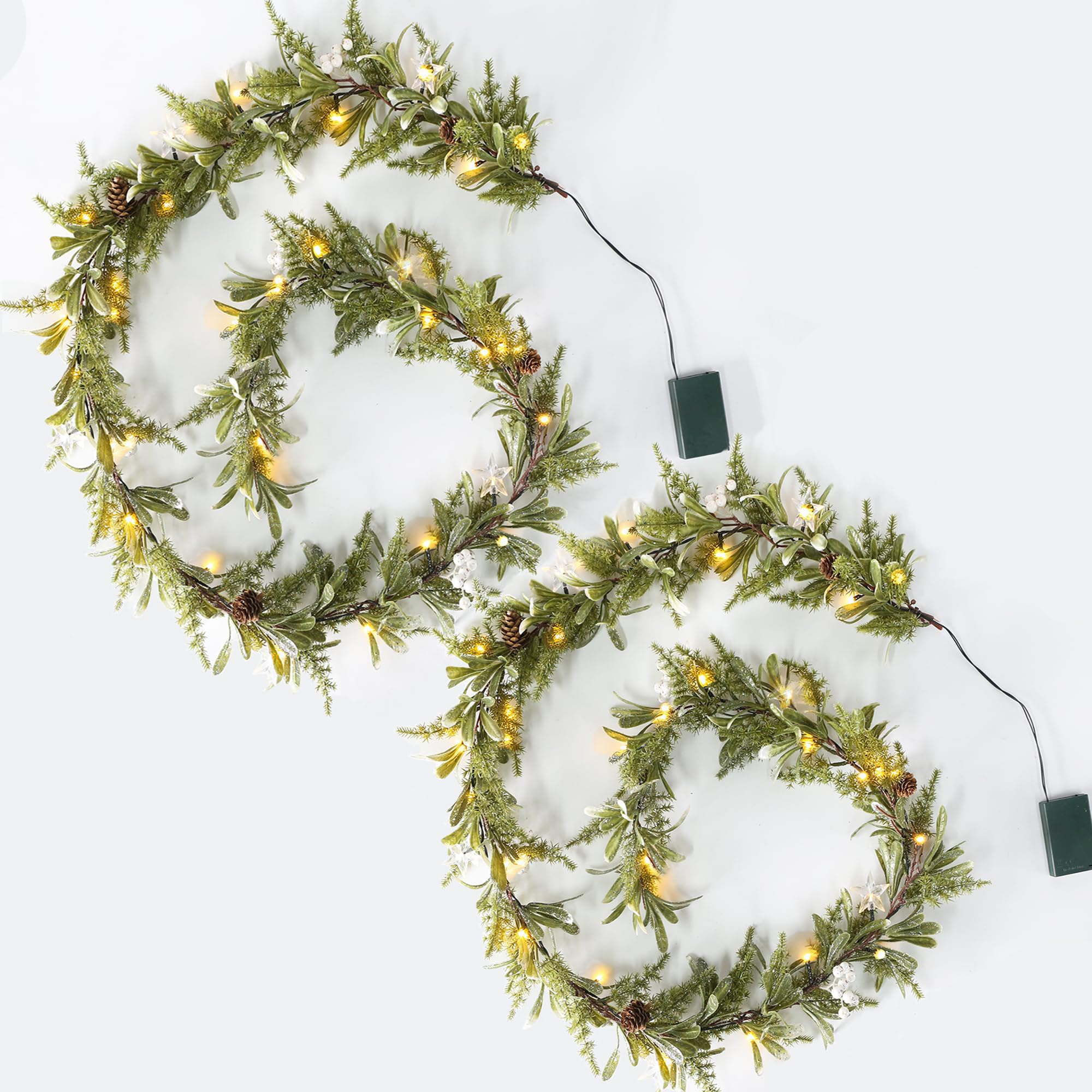 Photo 1 of 6ft Pre- Two-Tone Olive Christmas Garland Set of 2 Battery Operated Artificial Greenery Winter Mistletoe Garland with Timer for Mantle, Stairs Railing, Patio,Table, Window, Front Door Holiday