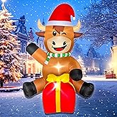 JOYEASE Christmas Inflatables,5 FT Highland Cow with Gift Box Built-in LEDs Christmas Inflatable Decor for Outdoor Home,Blow Up Xmas Inflatable Decoration as Gift for Holiday Party Lawn Garden Yard