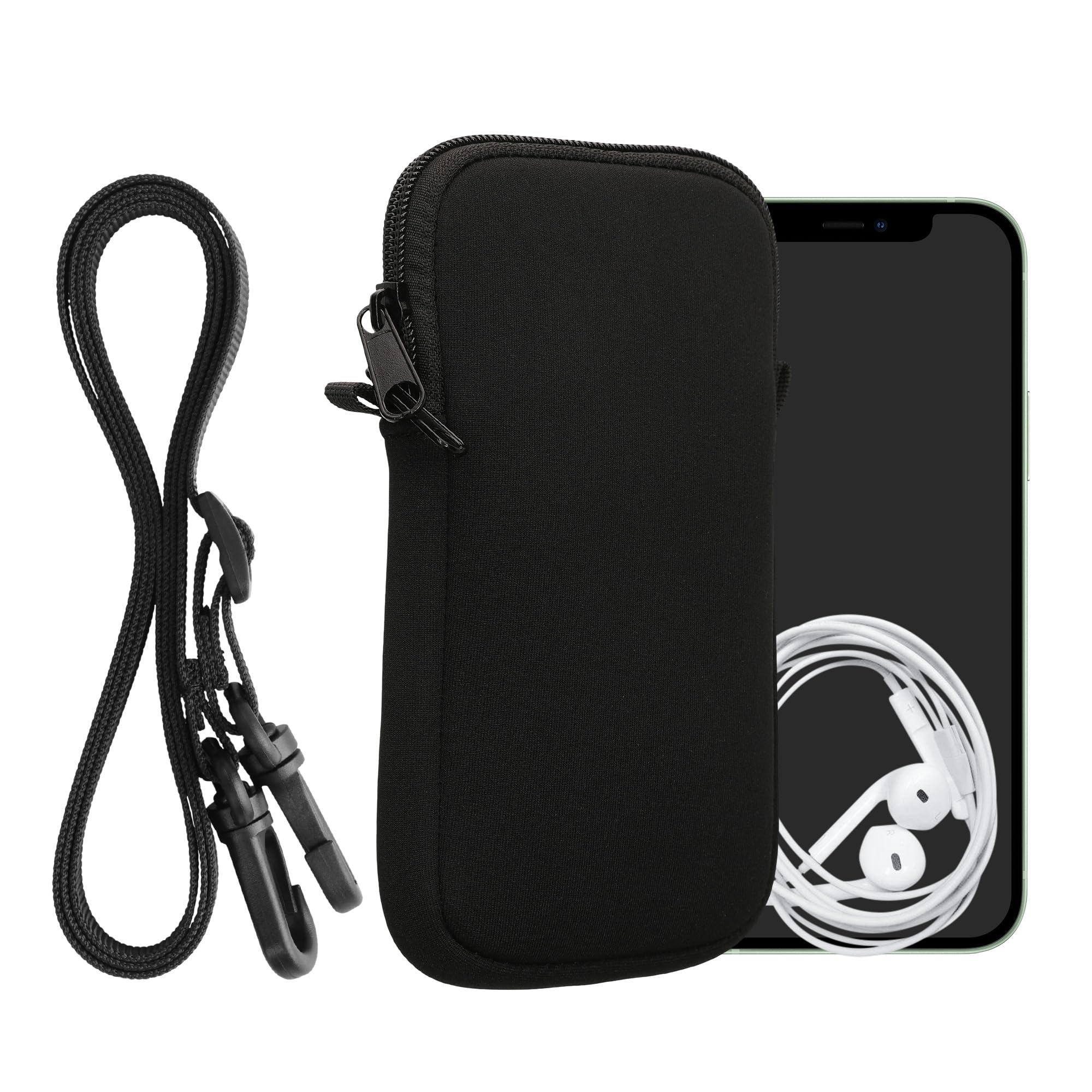 kwmobile Neoprene Phone Bag XXL - 7" - 17.7 x 8.5 cm Universal Case Holder with Neck Strap and Zipper - Black