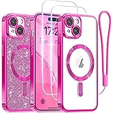 Meifigno Candy Magnetic Case for iPhone 15 Plus 6.7’’, [2X Screen Protectors] [Glitter Card & Wrist Strap] [MagSafe Compatible] Full Camera Protection for iPhone 15 Plus Case, Hot Pink