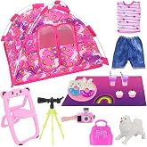 Ecore Fun 15 Pcs Doll Camping Accessories Set for 11.5 Inch Dolls | Tent, Clothes, Chair, Camera, Drink, Cupcake, Donut, Telescope, Toy Dog, Bag, Fits 11.5" Dolls, Doll Not Included, Age 3+