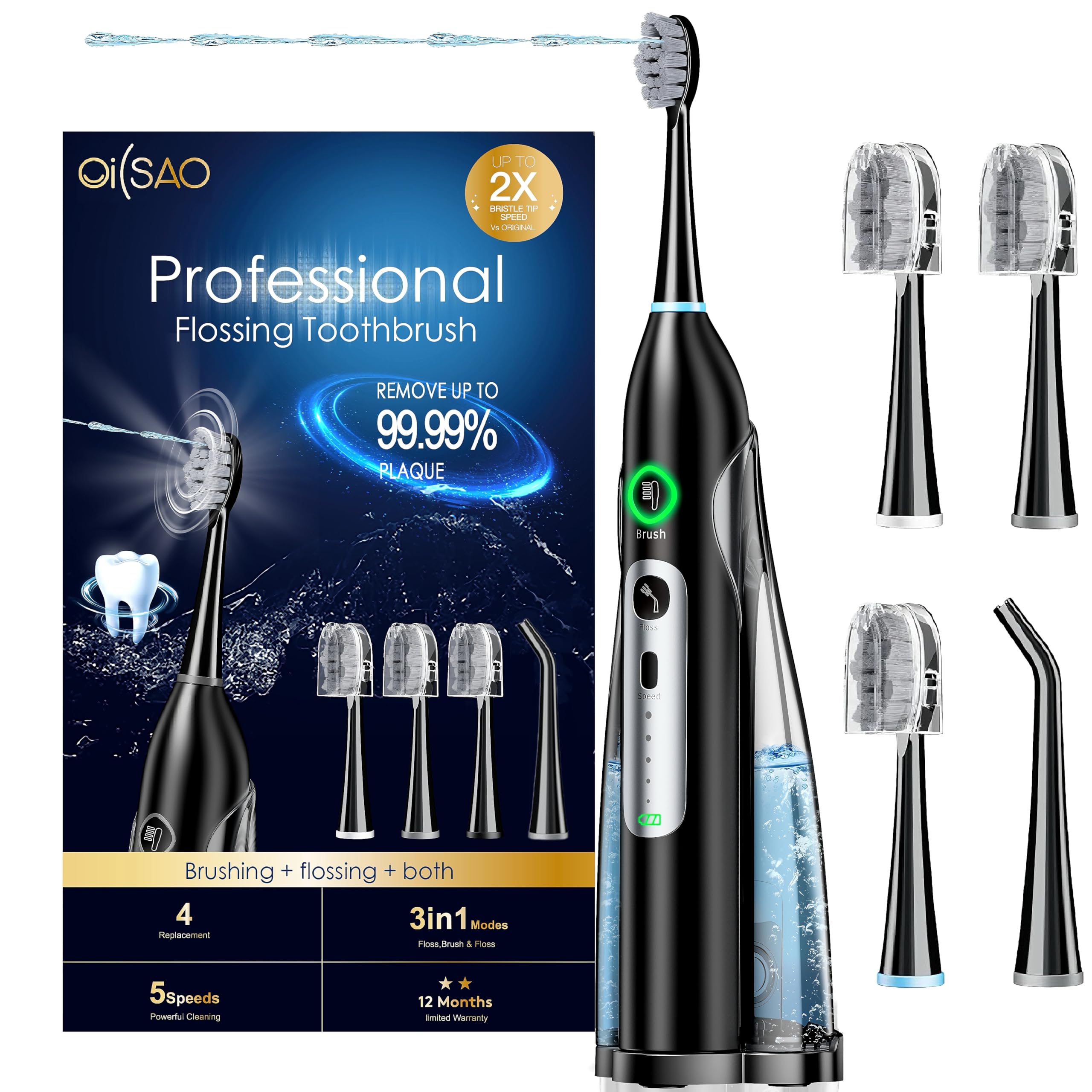 Photo 1 of **USED** OILSAO Electric Toothbrush with Water Flosser, 3 Sonic Modes, 5 Flossing Speeds with 3 Brushes + 1 Nozzle, Portable Flossing Toothbrush Combo for Adults Teeth Cleaning Kit for Plaque Removal,Black