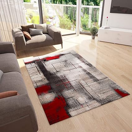 Vimoda Orion7429 Tapis Moderne Design Abstrait Melliert Facile à Entretenir Rougegris Rouge 80 Cm X 150 Cm