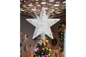 Winpull Christmas Tree Topper Star Lighted with 32.8ft Breathing Flickering Light Cord & 6 LED Projection Modes, Silver Christmas Star Topper for Indoor Xmas Holiday Tree Decoration
