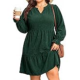 Talisea Plus Size Fall Dresses Casual Long Sleeve Corduroy Tunic V Neck Loose Flowy Ruffle A Line Tiered Short Babydoll Dress