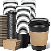 Ginkgo 100 Pack 12 oz Disposable Coffee Cups with Lids and Sleeves, To Go Leak-Proof Black Paper Cups for Picnics, Parties, Travel, Offices and Coffee Bar Supplies