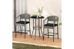 RELAX4LIFE 3-Piece Outdoor Bar Set - Patio Wicker Rattan Bar Height Barstools w/Cushions, Footrest, Round Glass Top Table, High Top Bistro Table & Chairs Set of 2 for Pool Porch Balcony (Grey-Black)